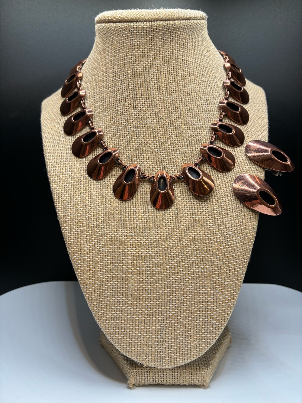 Vintage Copper-Tone Signed Renoir Statement Necklace and Clip-on Earrings Set